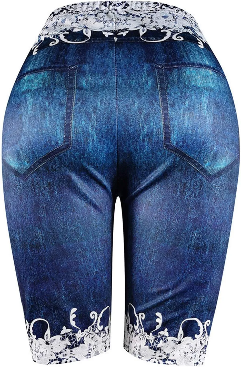 Womens Faux Jeans Shorts Elastic High Waisted Fashion Butterfly Print Leggings Like Denim Shorts Plus Size Casual Yoga Shorts
