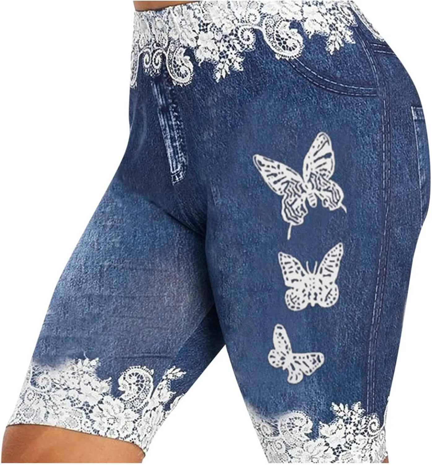Womens Faux Jeans Shorts Elastic High Waisted Fashion Butterfly Print Leggings Like Denim Shorts Plus Size Casual Yoga Shorts