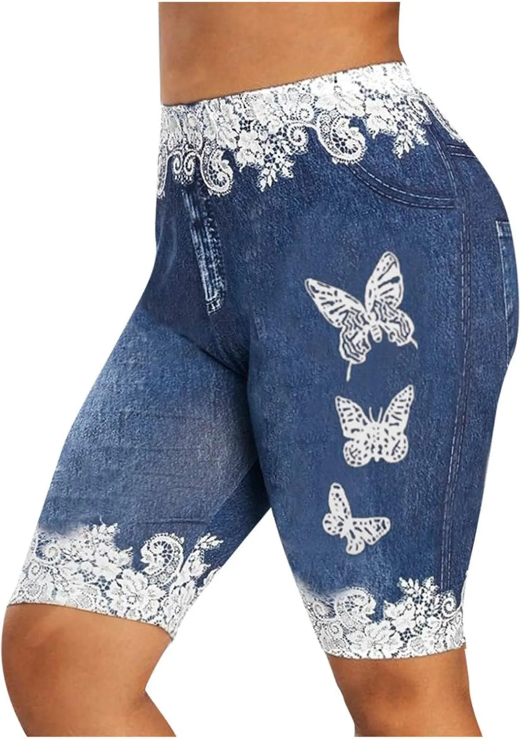 Womens Faux Jeans Shorts Elastic High Waisted Fashion Butterfly Print Leggings Like Denim Shorts Plus Size Casual Yoga Shorts