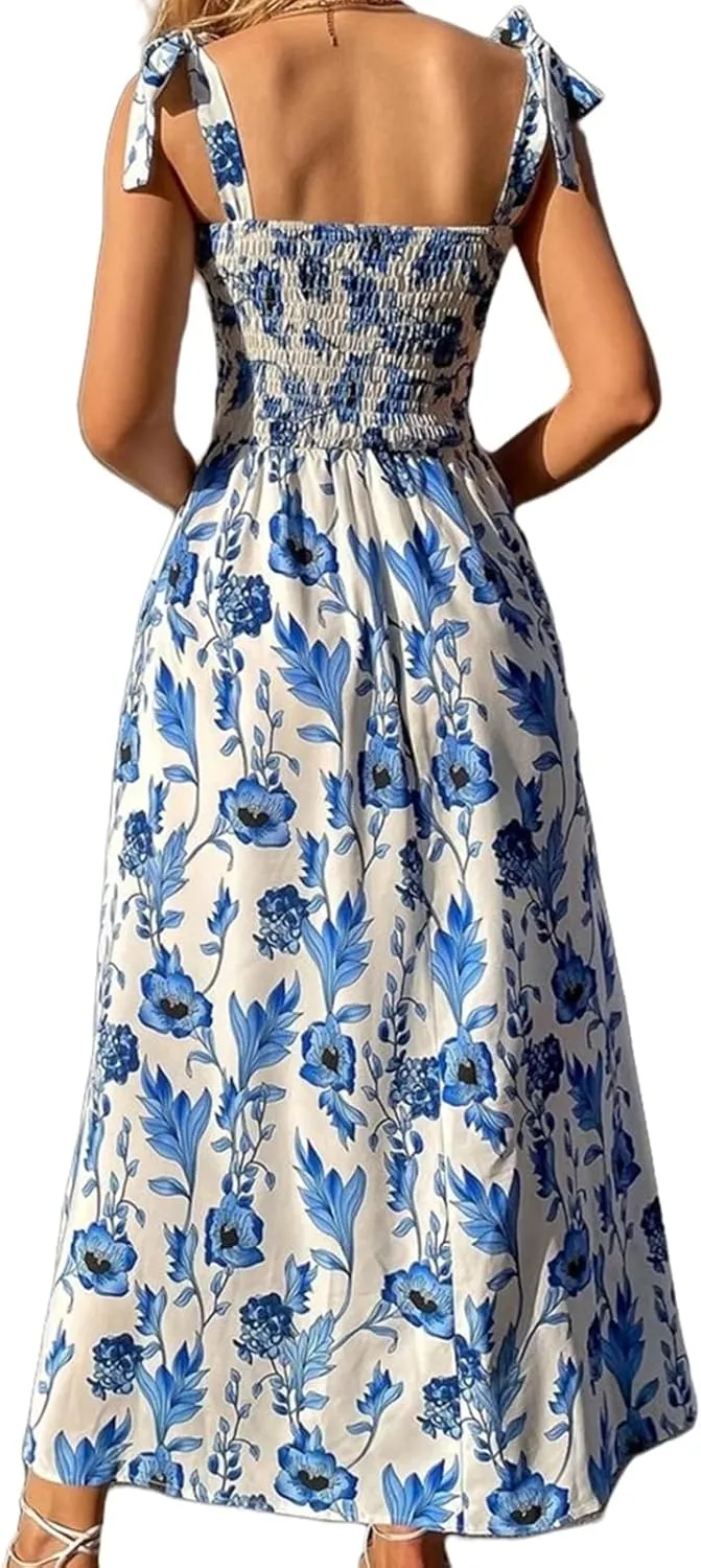 Womens Floral Dresses Summer Sexy Adjustable Spaghetti Strap Off Shoulder Dress Trendy Flowy Tunic Beach Sundress