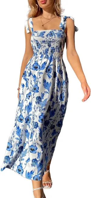 Womens Floral Dresses Summer Sexy Adjustable Spaghetti Strap Off Shoulder Dress Trendy Flowy Tunic Beach Sundress