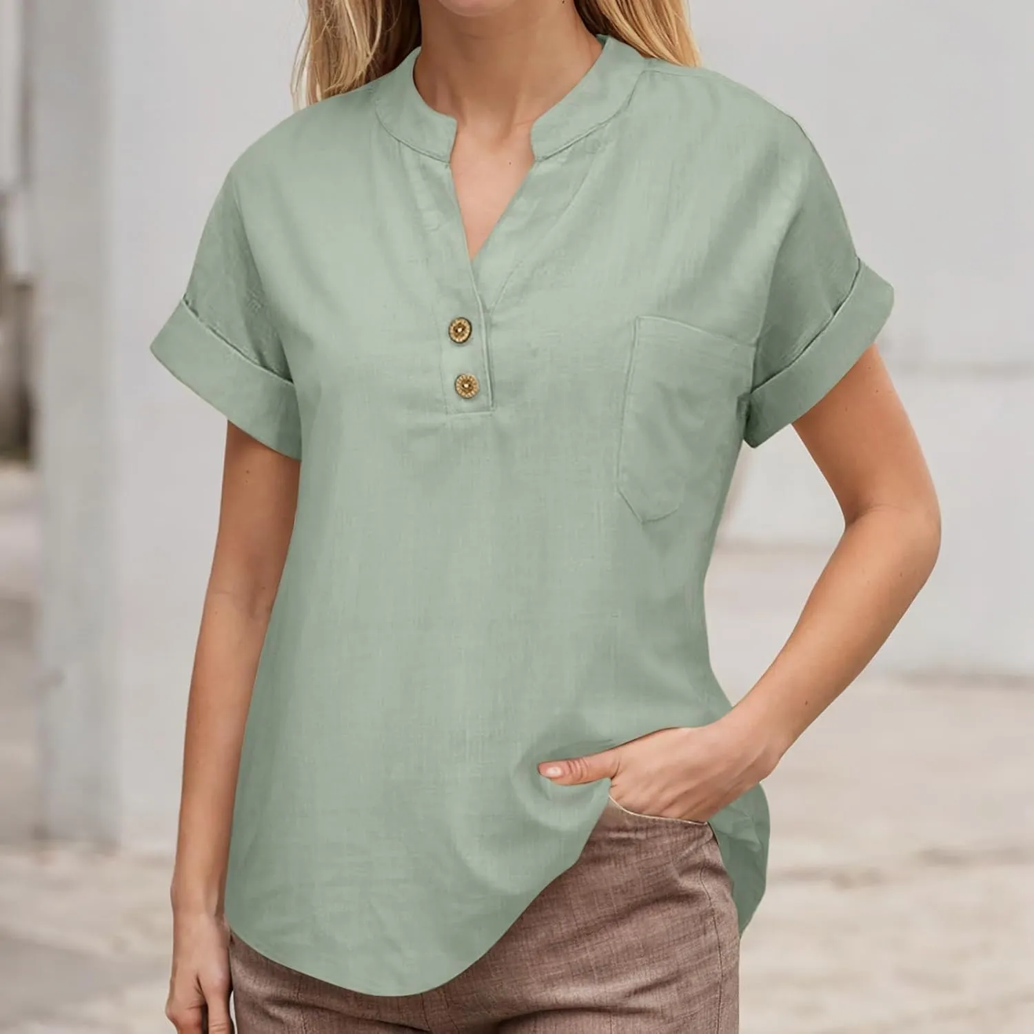 Women's Floral Print Linen Short Sleeve T Shirt Summer Basic Casual Oversized Blouses V-Neck Loose Tshirt