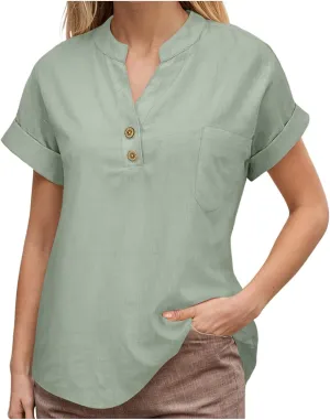 Women's Floral Print Linen Short Sleeve T Shirt Summer Basic Casual Oversized Blouses V-Neck Loose Tshirt