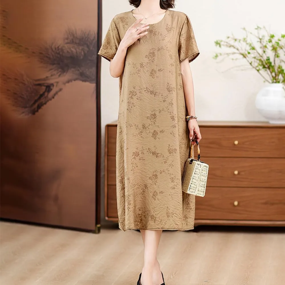 Womens Flowy Floral Crewneck Midi Dress Elegant Shift Dress Cheongsam Dress Summer Maternity Wedding Guest Vacation Dresses