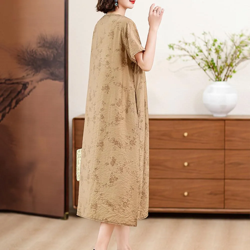 Womens Flowy Floral Crewneck Midi Dress Elegant Shift Dress Cheongsam Dress Summer Maternity Wedding Guest Vacation Dresses