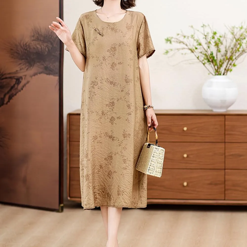 Womens Flowy Floral Crewneck Midi Dress Elegant Shift Dress Cheongsam Dress Summer Maternity Wedding Guest Vacation Dresses