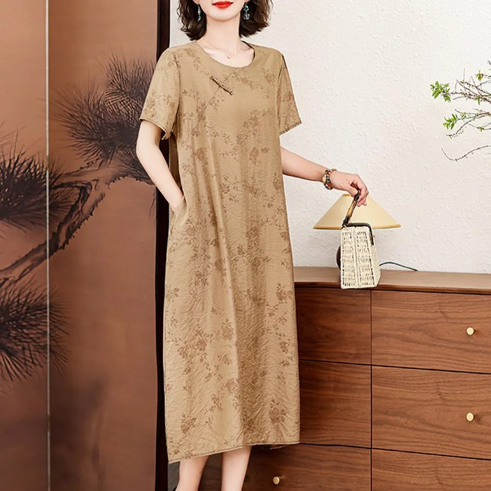 Womens Flowy Floral Crewneck Midi Dress Elegant Shift Dress Cheongsam Dress Summer Maternity Wedding Guest Vacation Dresses