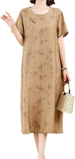 Womens Flowy Floral Crewneck Midi Dress Elegant Shift Dress Cheongsam Dress Summer Maternity Wedding Guest Vacation Dresses