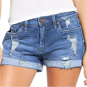 Women's High Waisted Summer Casual Jean Shorts Folded Hem Hot Denim Shorts for Women Ripped Distressed Jeans Short