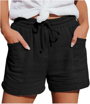 Women's Linen Drawstring Shorts Casual Summer Elastic Waist Chino Shorts Lightweight Loose Pants with Pockets