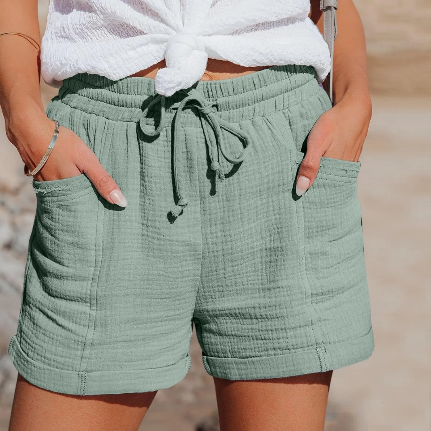 Women's Linen Drawstring Shorts Casual Summer Elastic Waist Chino Shorts Lightweight Loose Pants with Pockets