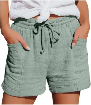 Women's Linen Drawstring Shorts Casual Summer Elastic Waist Chino Shorts Lightweight Loose Pants with Pockets