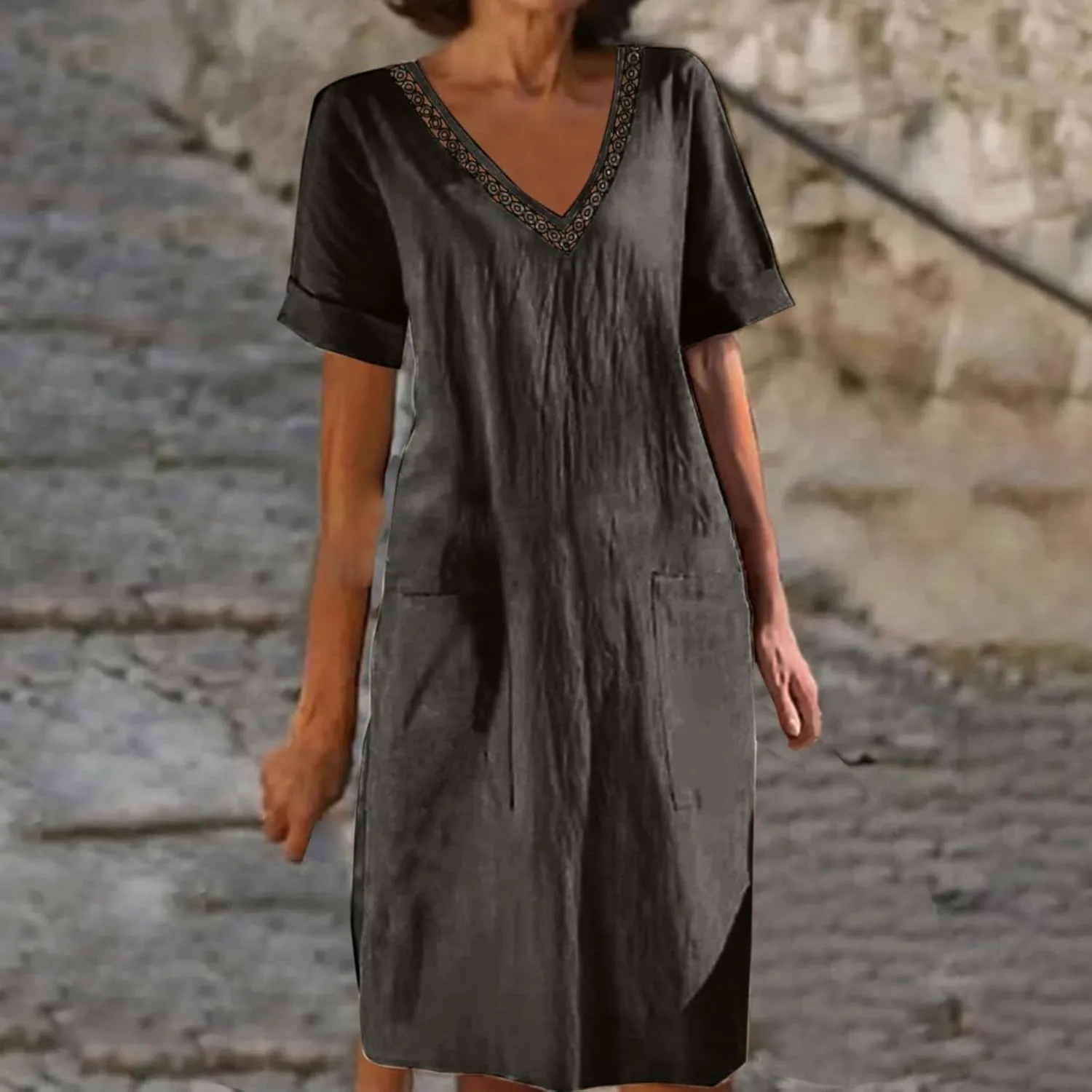 Womens Linen Dress Short Sleeve V-Neck T Shirts Dresses Casual Loose Solid Color Lace Mini Dress Boho Travel Dresses