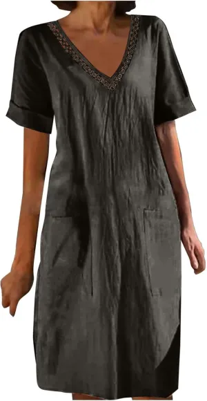 Womens Linen Dress Short Sleeve V-Neck T Shirts Dresses Casual Loose Solid Color Lace Mini Dress Boho Travel Dresses