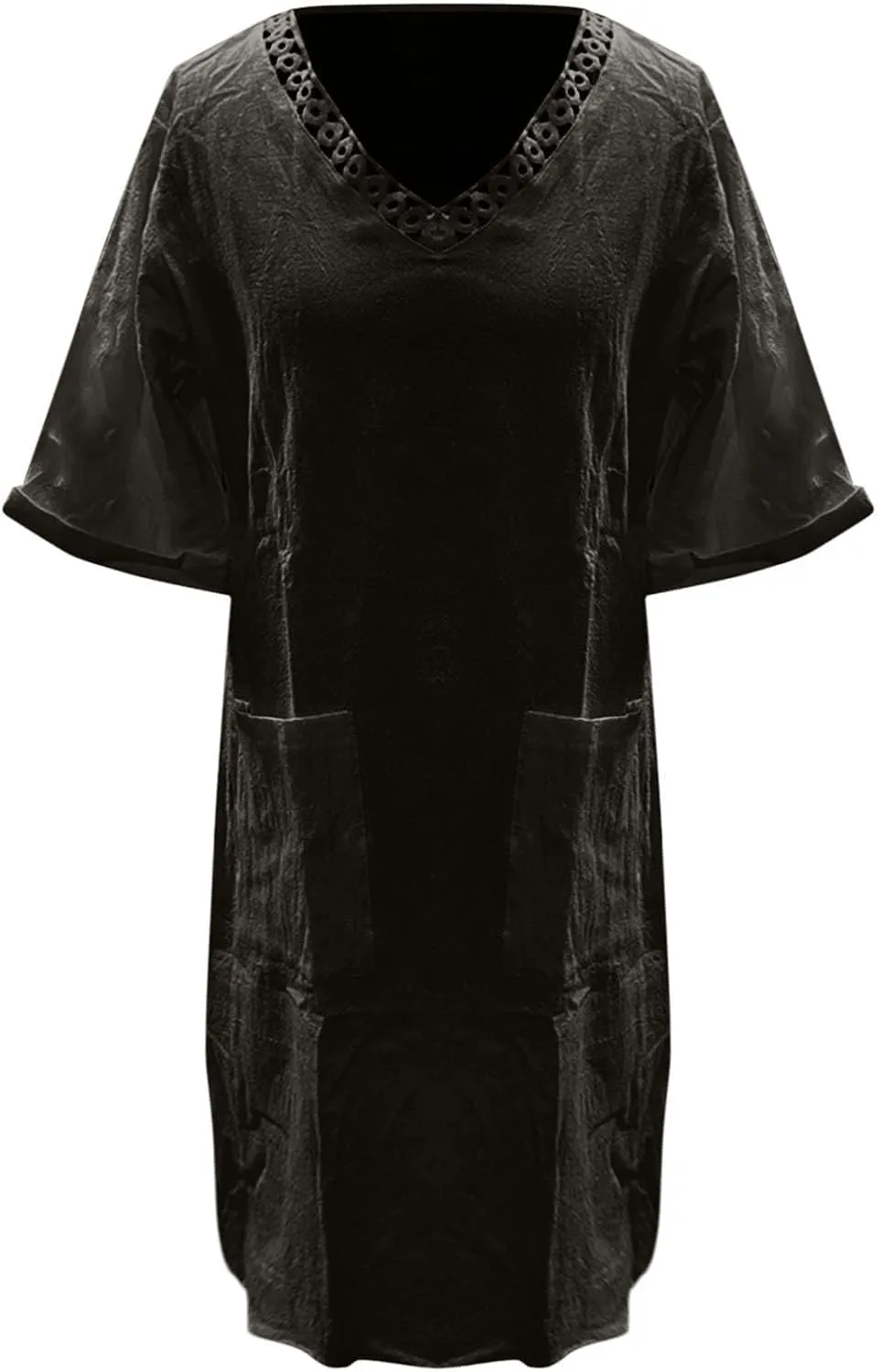 Womens Linen Dress Short Sleeve V-Neck T Shirts Dresses Casual Loose Solid Color Lace Mini Dress Boho Travel Dresses