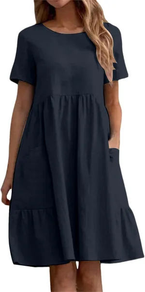 Womens Linen Dresses Casual Crew Neck Short Sleeve Mini Dress Summer Comfy Loose Ruffle Hem Sundress with Pockets