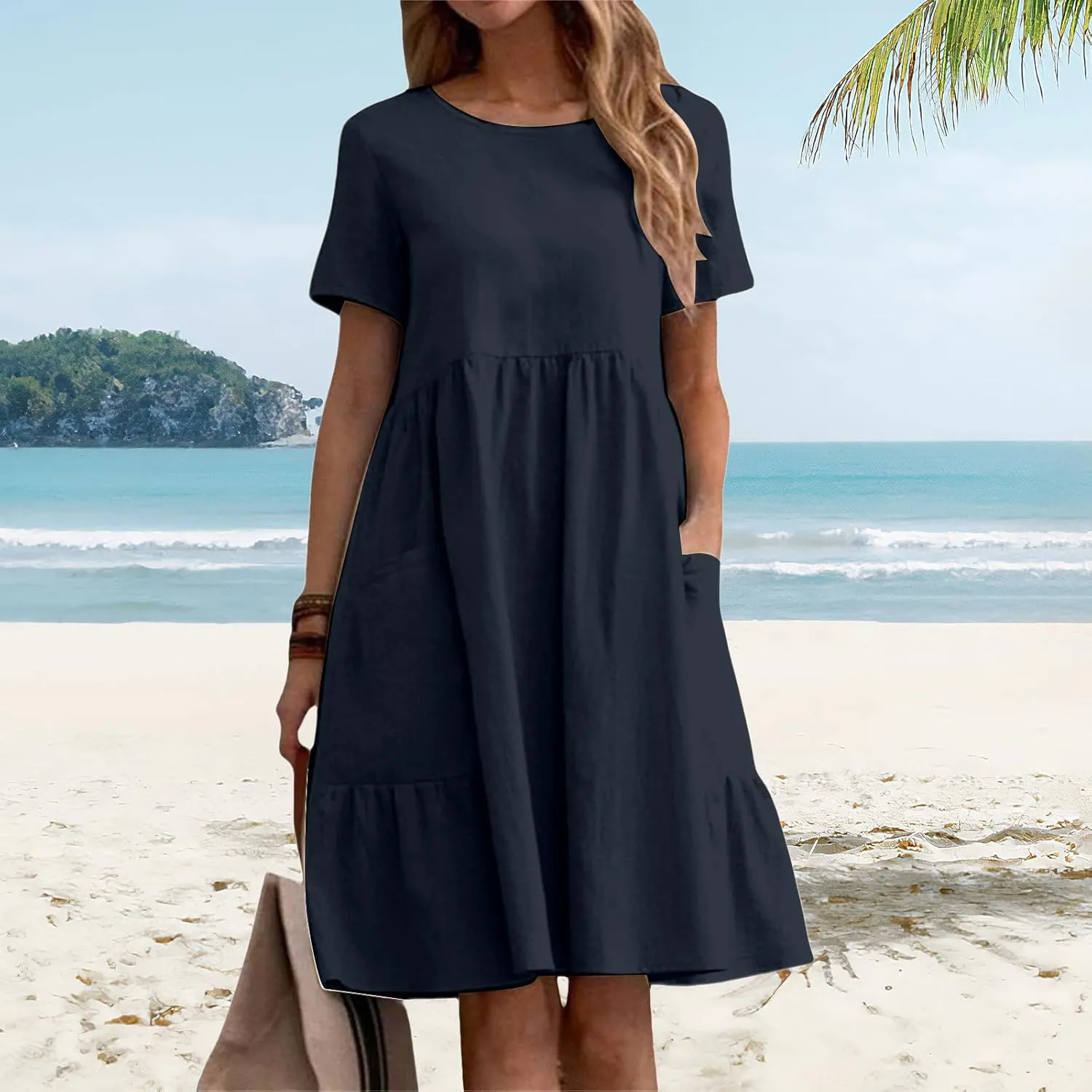 Womens Linen Dresses Casual Crew Neck Short Sleeve Mini Dress Summer Comfy Loose Ruffle Hem Sundress with Pockets