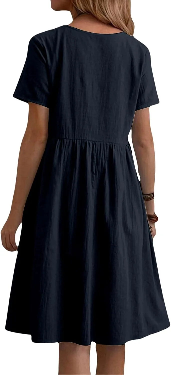 Womens Linen Dresses Casual Crew Neck Short Sleeve Mini Dress Summer Comfy Loose Ruffle Hem Sundress with Pockets