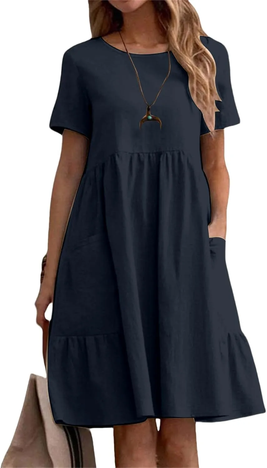 Womens Linen Dresses Casual Crew Neck Short Sleeve Mini Dress Summer Comfy Loose Ruffle Hem Sundress with Pockets