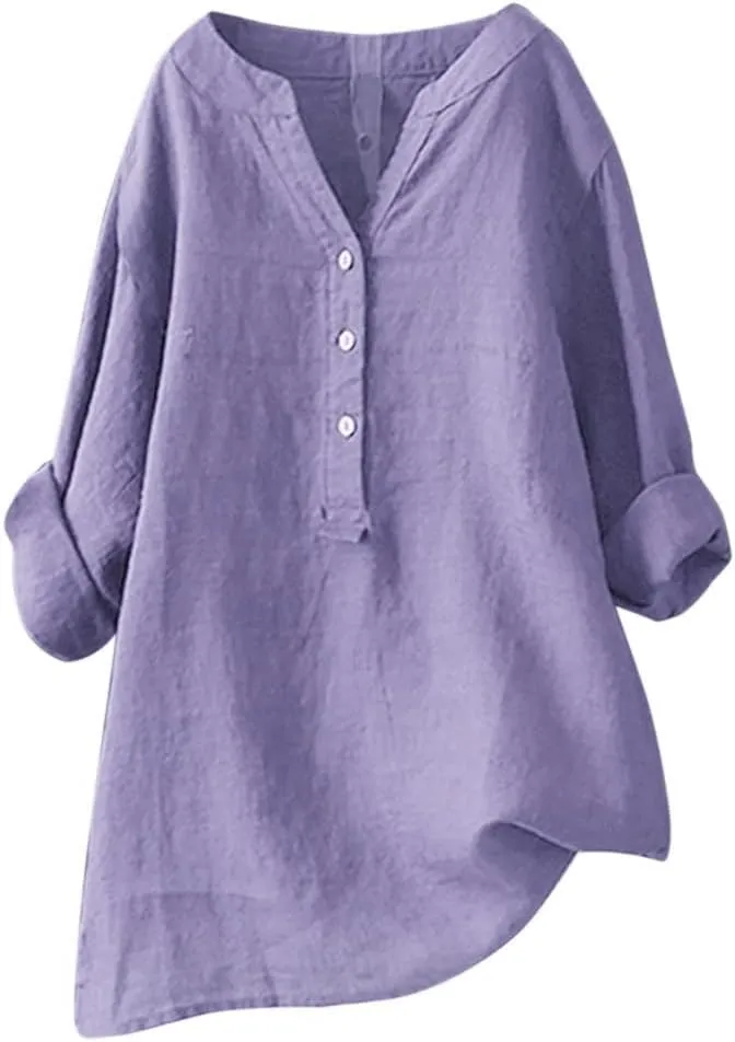 Women's Linen Shirts Summer Linen Plain Solid Long Sleeve T Shirt Casual Plus Size Henley V Neck Blouses Top