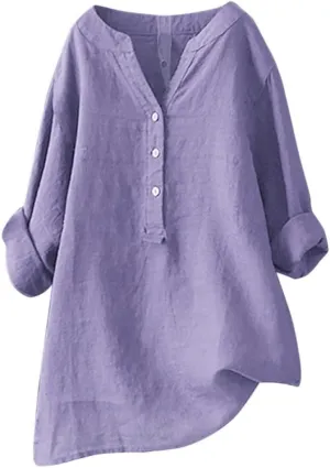 Women's Linen Shirts Summer Linen Plain Solid Long Sleeve T Shirt Casual Plus Size Henley V Neck Blouses Top