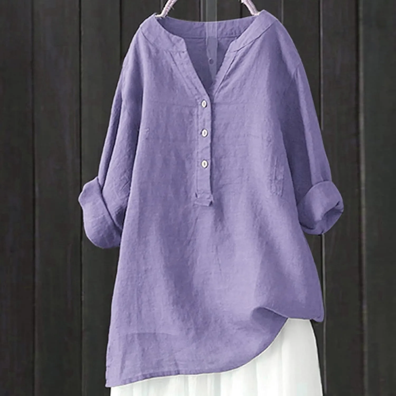 Women's Linen Shirts Summer Linen Plain Solid Long Sleeve T Shirt Casual Plus Size Henley V Neck Blouses Top
