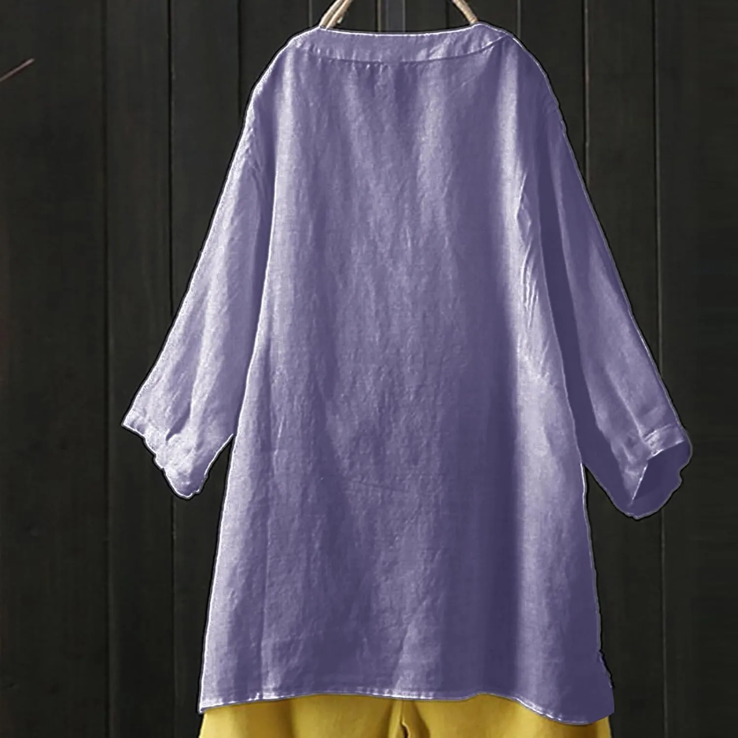 Women's Linen Shirts Summer Linen Plain Solid Long Sleeve T Shirt Casual Plus Size Henley V Neck Blouses Top