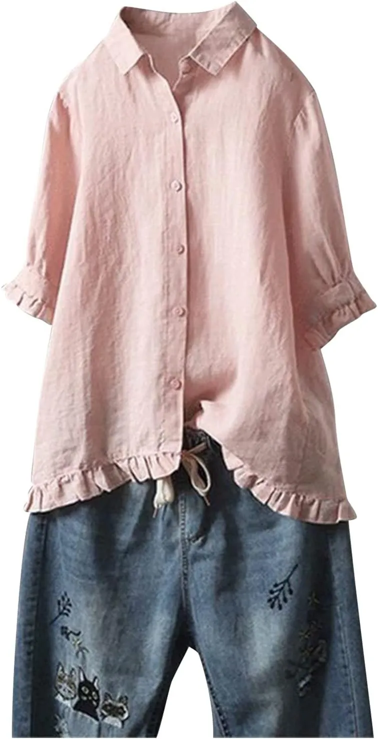 Womens Linen Shirts V-Neck Button Down Blouses Embroidery Floral Casual Tee Top Short Sleeve Loose Tunics Top