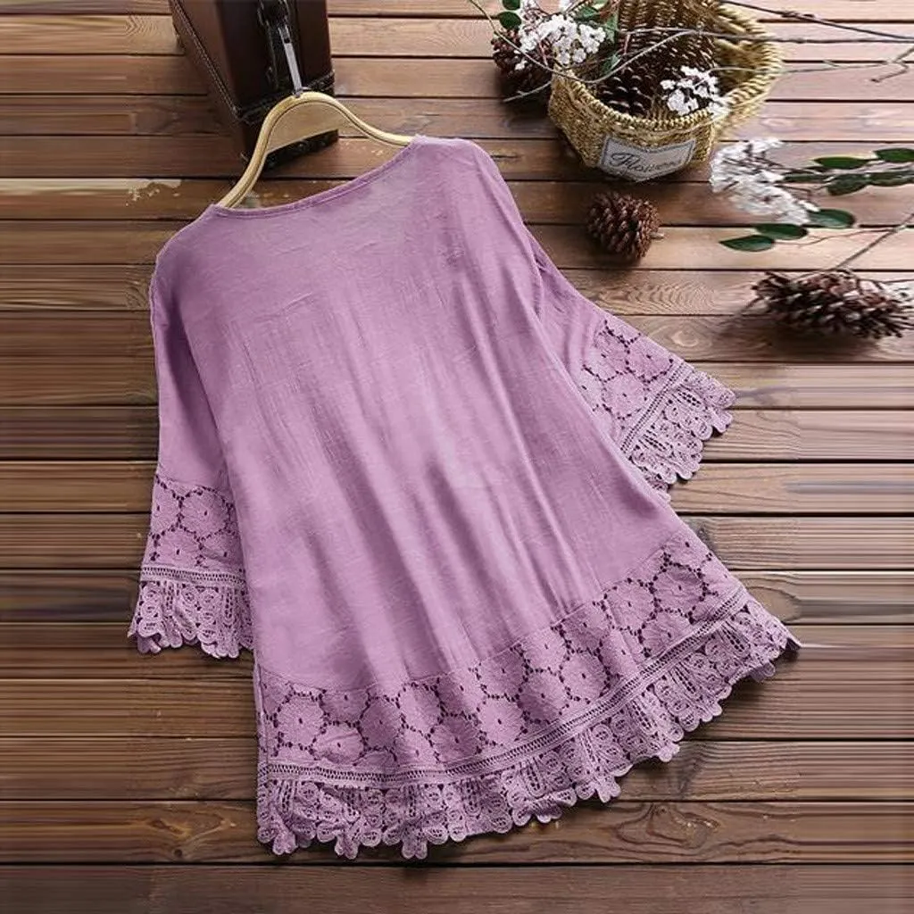 Womens Linen Shirts V-Neck Button Down Blouses Embroidery Floral Casual Tee Top Short Sleeve Loose Tunics Top