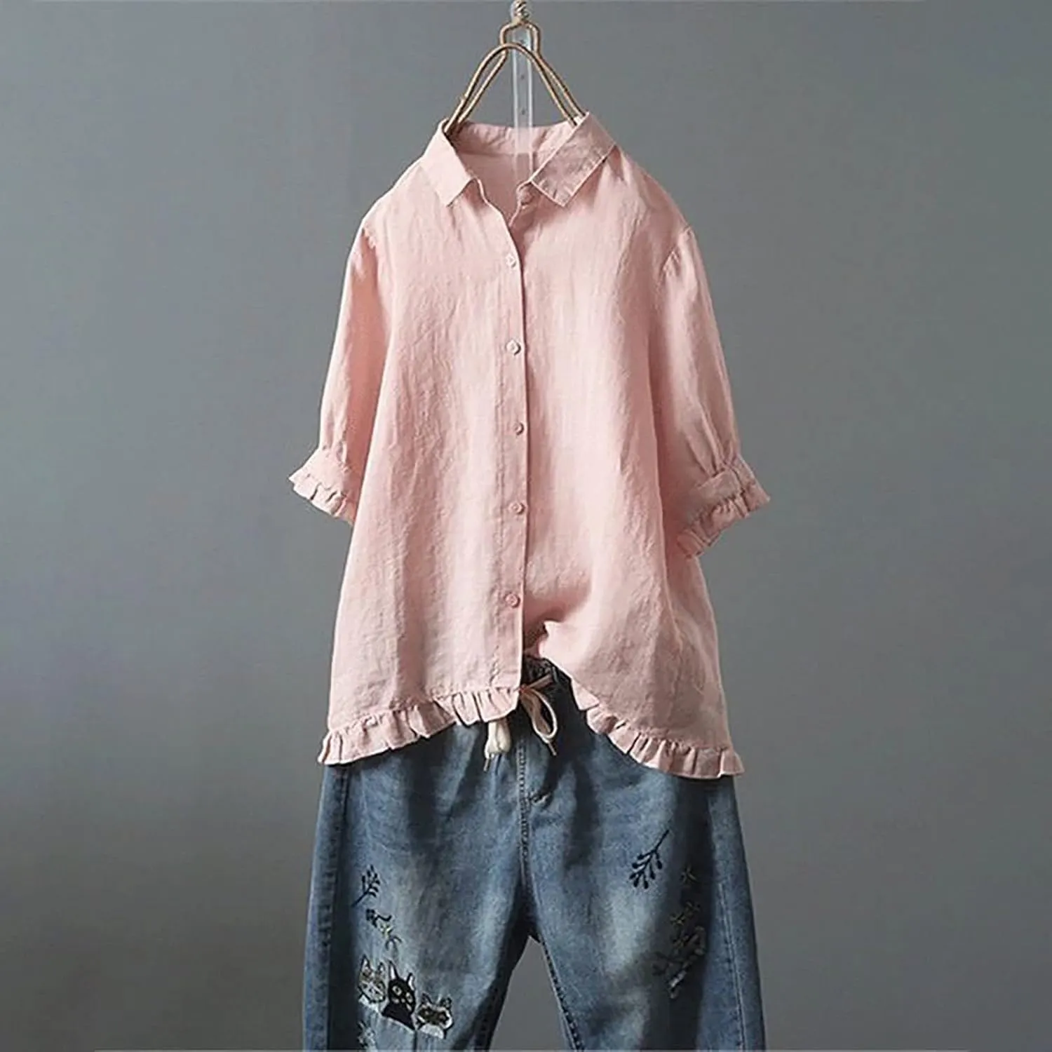 Womens Linen Shirts V-Neck Button Down Blouses Embroidery Floral Casual Tee Top Short Sleeve Loose Tunics Top