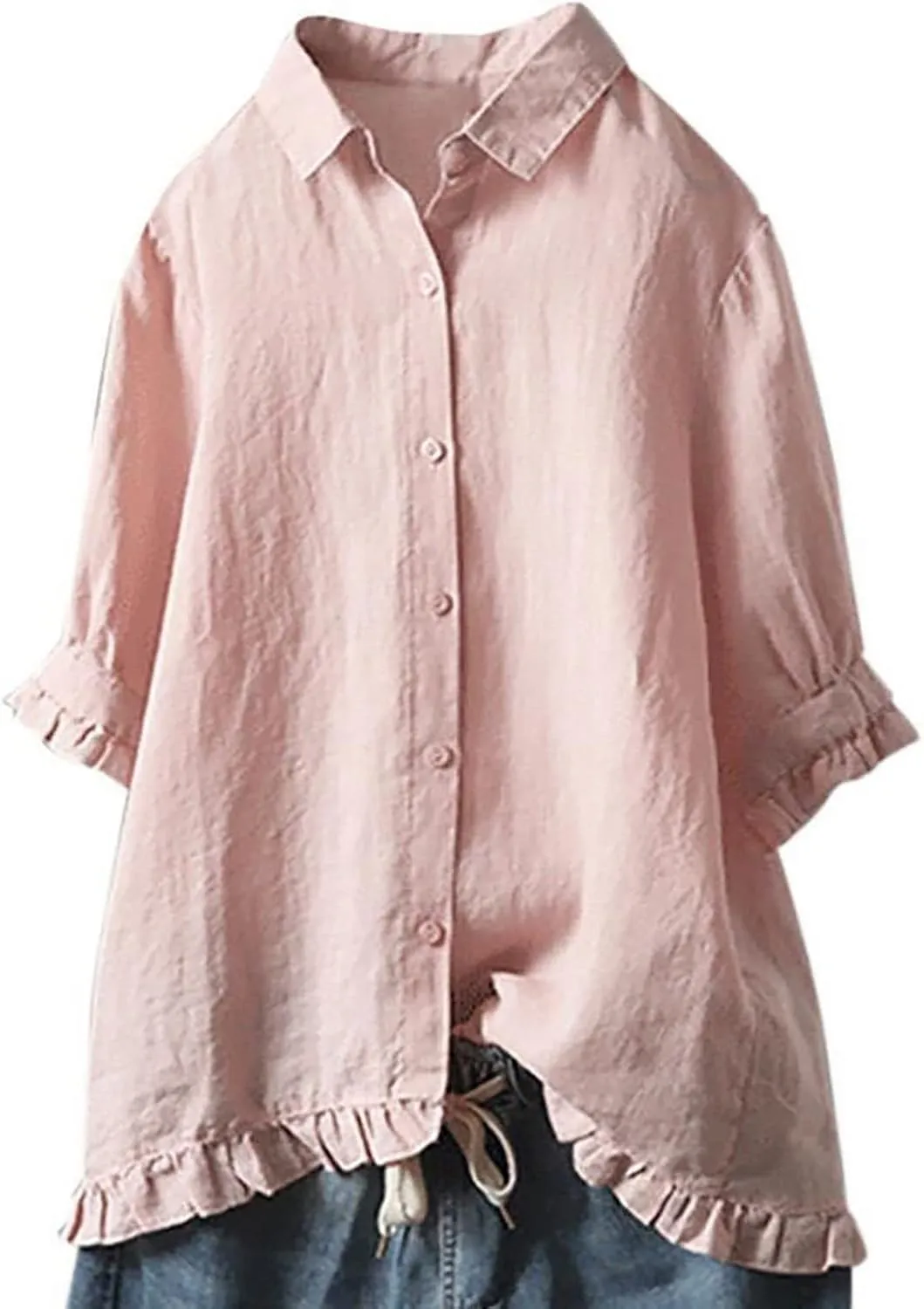 Womens Linen Shirts V-Neck Button Down Blouses Embroidery Floral Casual Tee Top Short Sleeve Loose Tunics Top