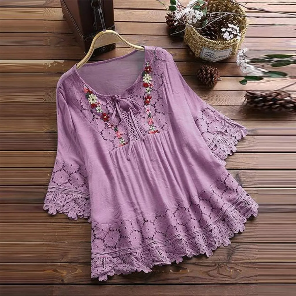 Womens Linen Shirts V-Neck Button Down Blouses Embroidery Floral Casual Tee Top Short Sleeve Loose Tunics Top