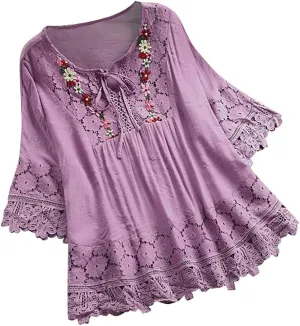 Womens Linen Shirts V-Neck Button Down Blouses Embroidery Floral Casual Tee Top Short Sleeve Loose Tunics Top