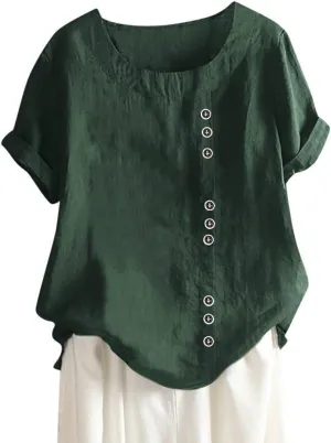 Womens Linen Shirts V Neck Button Up Blouse Solid Color Comfy Tops Long Sleeve Loose T Shirt