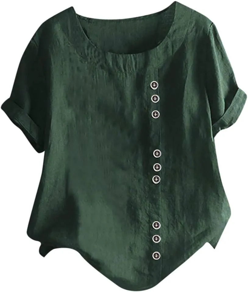 Womens Linen Shirts V Neck Button Up Blouse Solid Color Comfy Tops Long Sleeve Loose T Shirt
