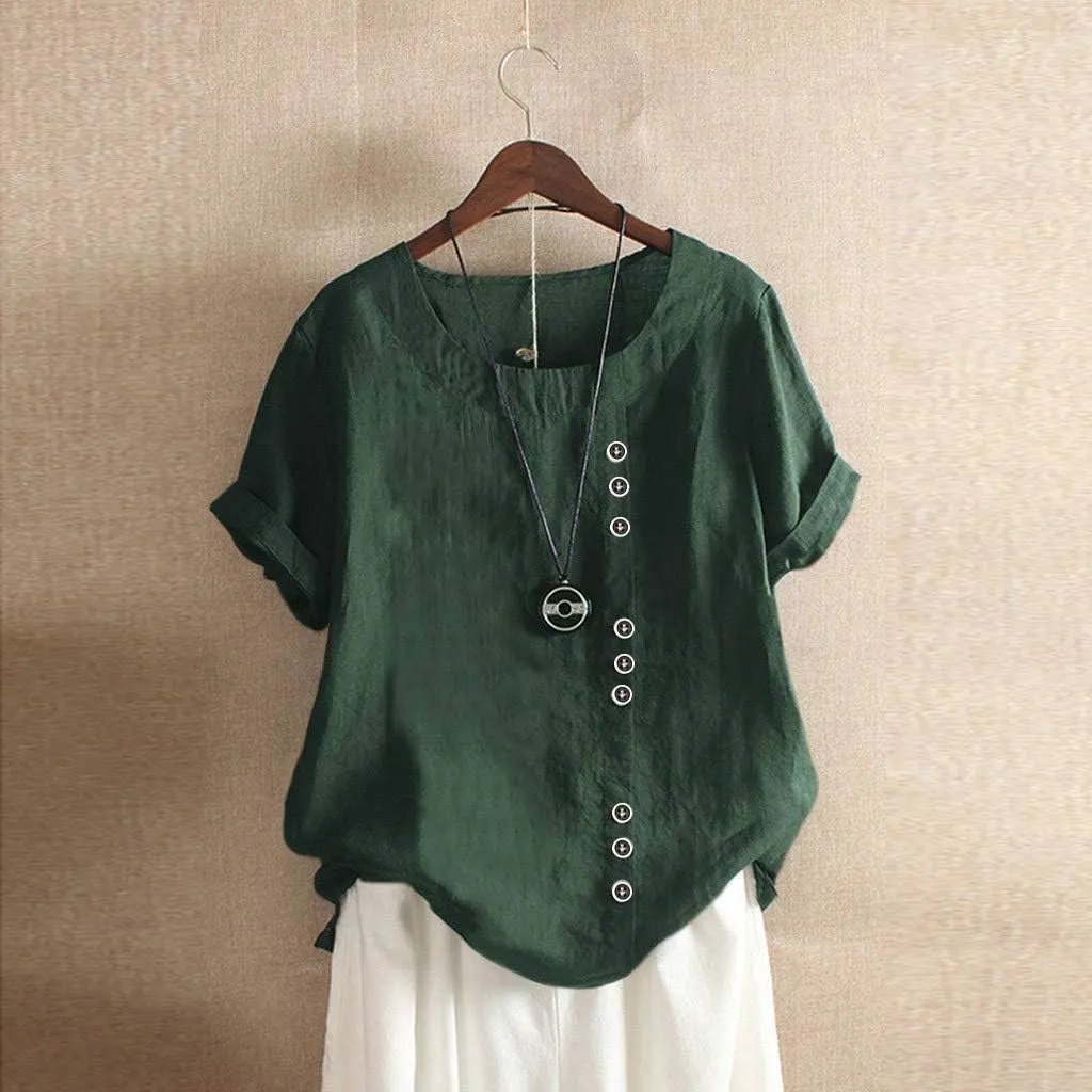 Womens Linen Shirts V Neck Button Up Blouse Solid Color Comfy Tops Long Sleeve Loose T Shirt