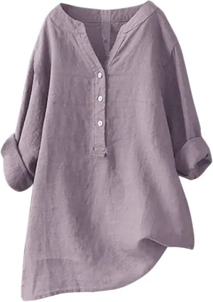 Women's Linen Shirts V-Neck Buttons Blouses Solid Oversized Tops Short Sleeve Loose T-Shirts