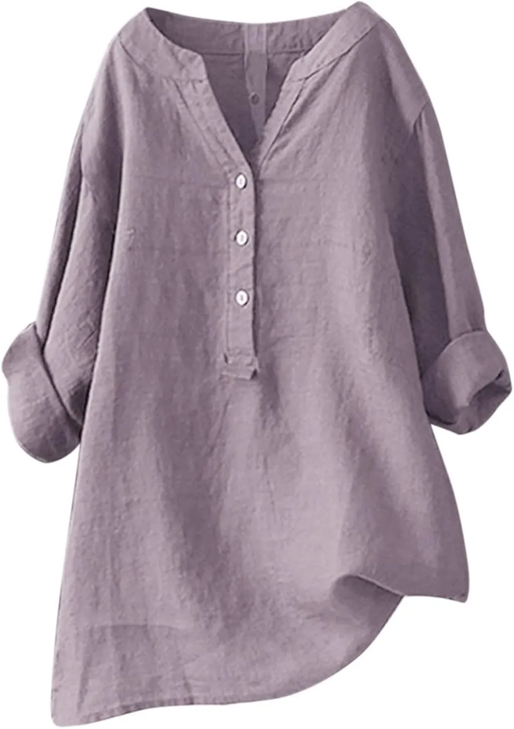 Women's Linen Shirts V-Neck Buttons Blouses Solid Oversized Tops Short Sleeve Loose T-Shirts