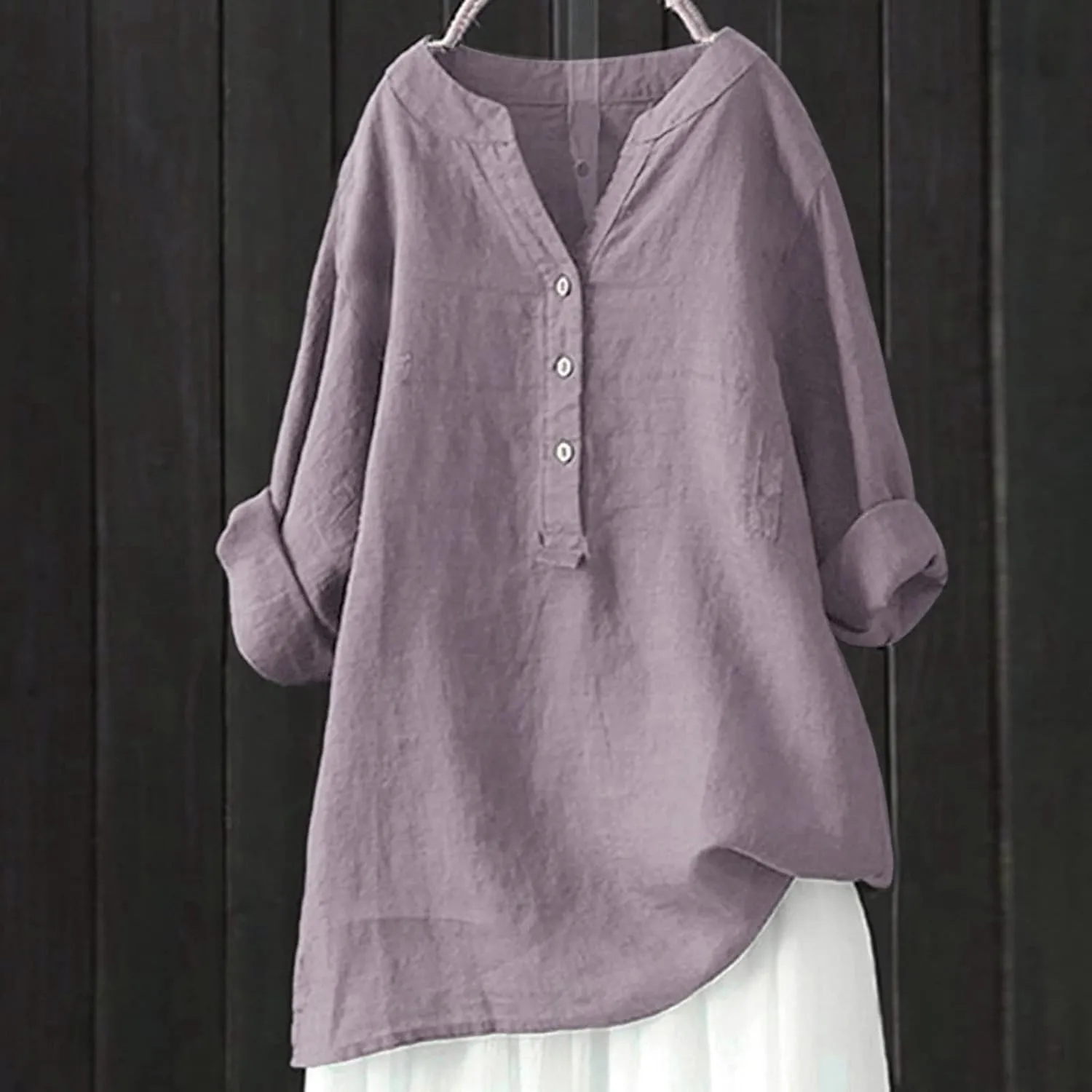 Women's Linen Shirts V-Neck Buttons Blouses Solid Oversized Tops Short Sleeve Loose T-Shirts