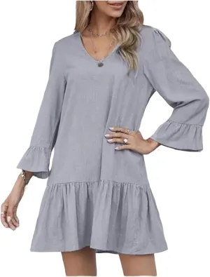 Women's Linen Tunic Dress Cute V Neck Long Sleeve Casual Loose Flowy Swing Ruffle Dresses Pleated A Line Mini Dress