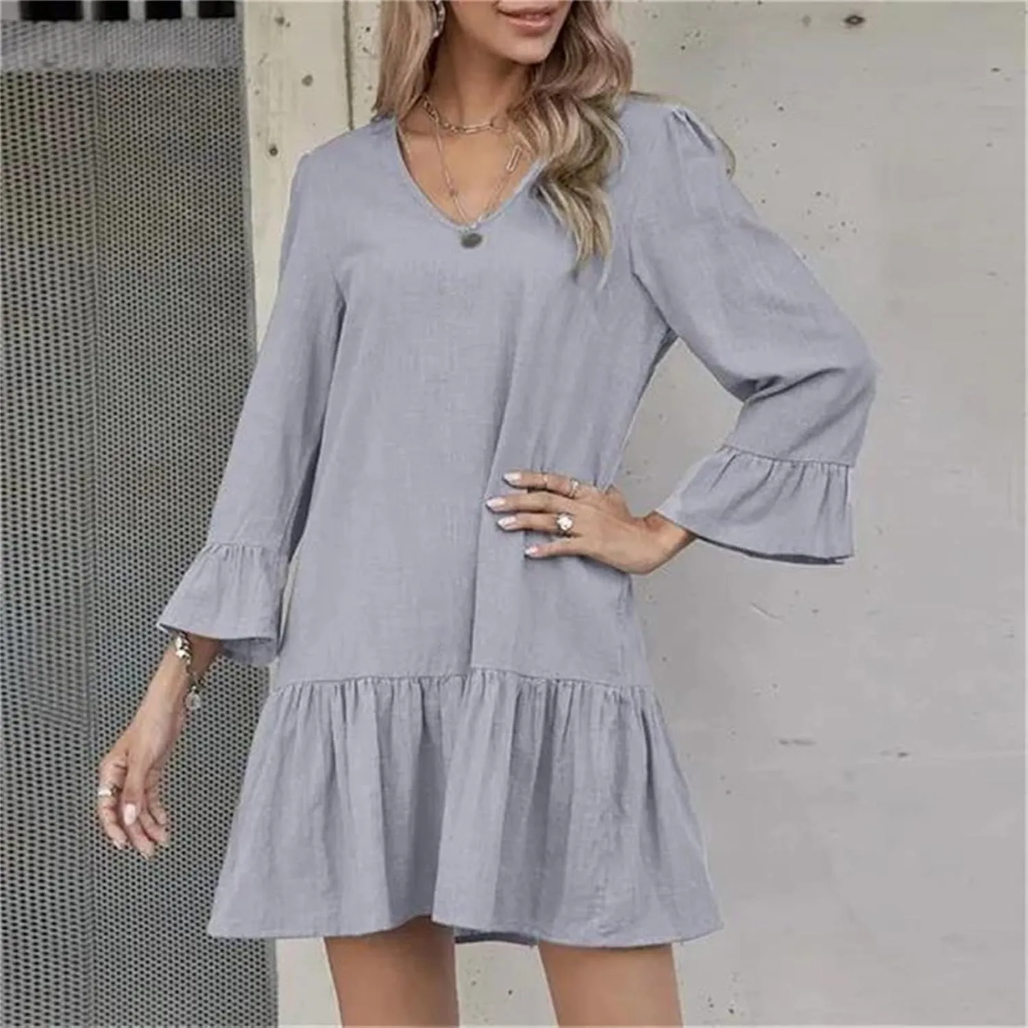 Women's Linen Tunic Dress Cute V Neck Long Sleeve Casual Loose Flowy Swing Ruffle Dresses Pleated A Line Mini Dress