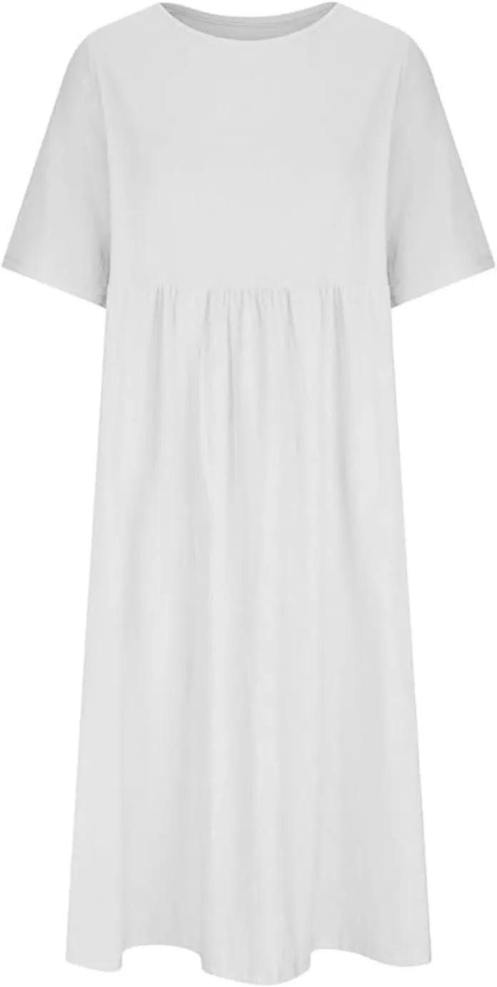 Women's Maxi Dresses Short Sleeve Long Casual Summer Cotton Linen Crewneck Loose Plus Size Basic Beach Midi Dresses