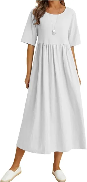 Women's Maxi Dresses Short Sleeve Long Casual Summer Cotton Linen Crewneck Loose Plus Size Basic Beach Midi Dresses