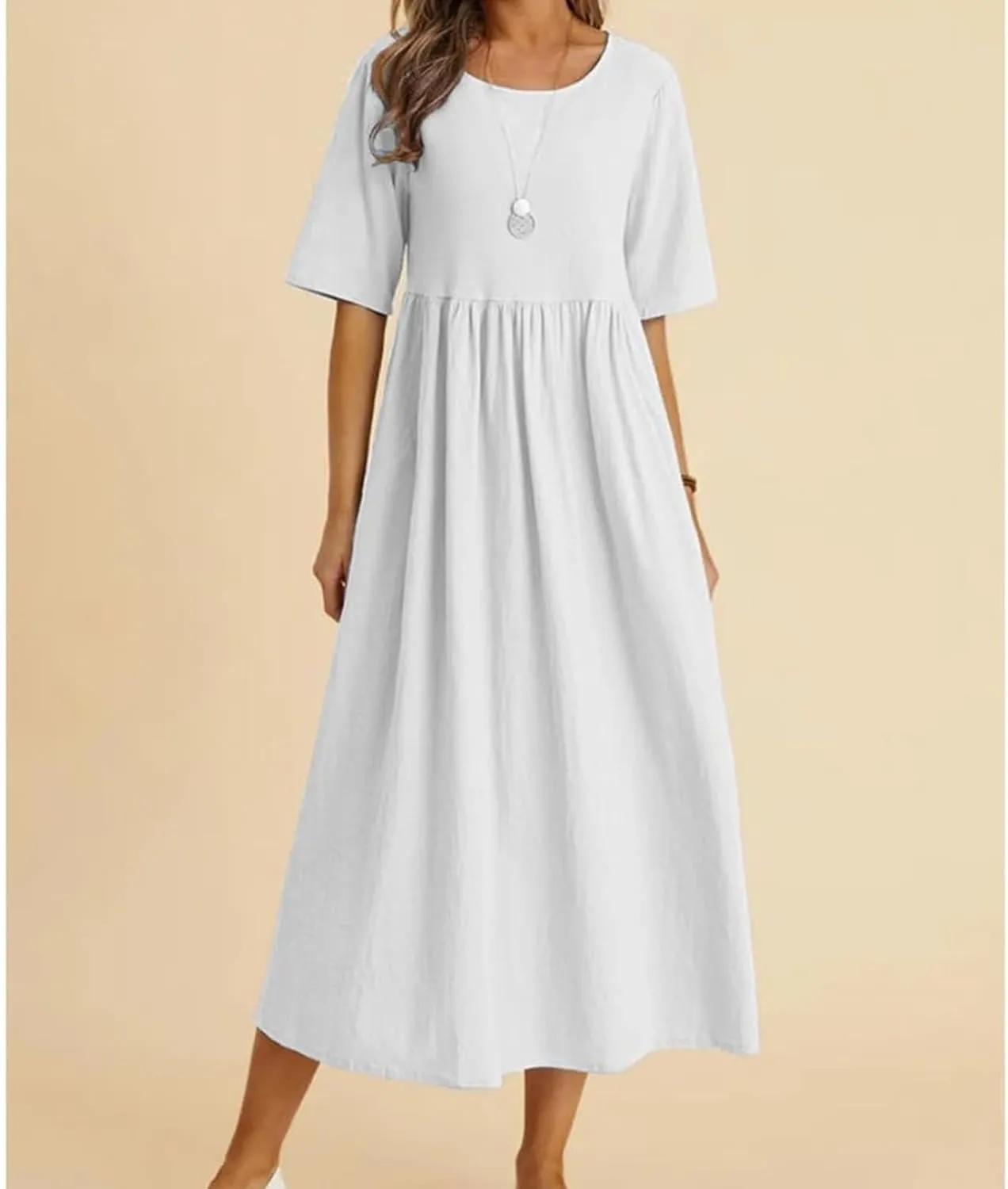 Women's Maxi Dresses Short Sleeve Long Casual Summer Cotton Linen Crewneck Loose Plus Size Basic Beach Midi Dresses