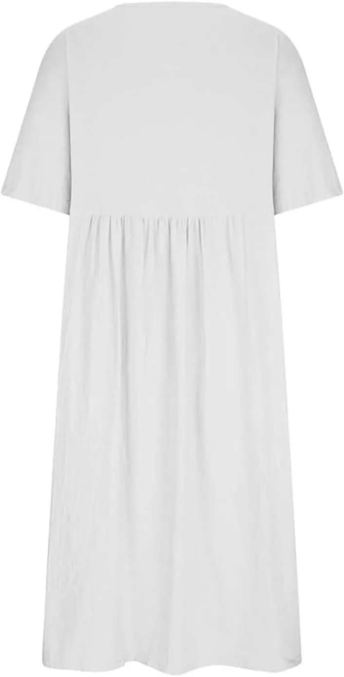 Women's Maxi Dresses Short Sleeve Long Casual Summer Cotton Linen Crewneck Loose Plus Size Basic Beach Midi Dresses