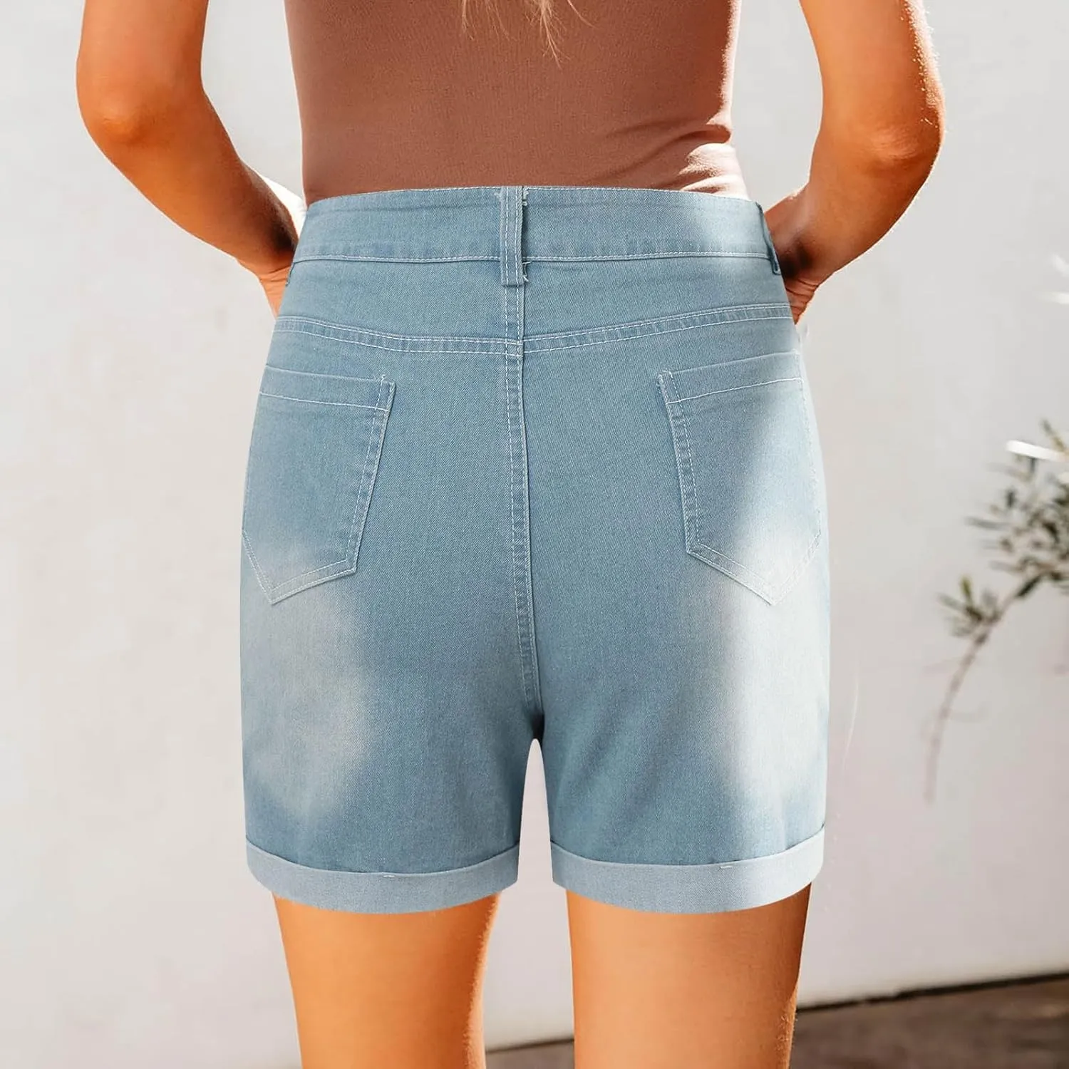 Women's Mid-Rise Denim Shorts,High-Waisted Stretch Fashion Hole Bottom Denim Pants,Comfortable Summer