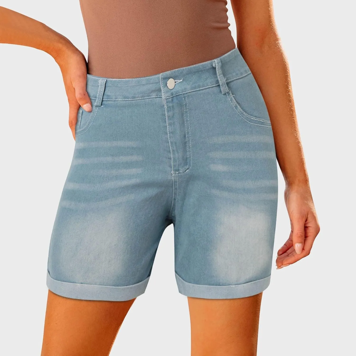 Women's Mid-Rise Denim Shorts,High-Waisted Stretch Fashion Hole Bottom Denim Pants,Comfortable Summer