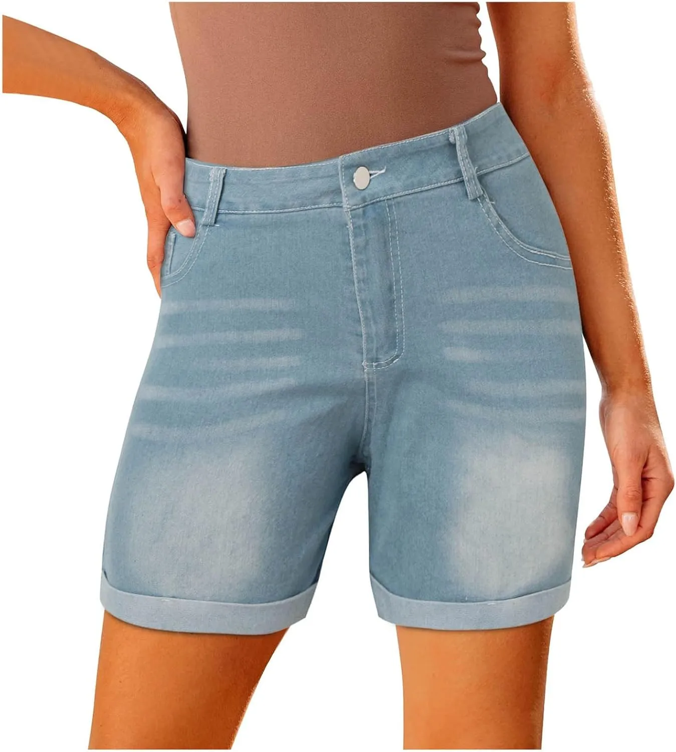 Women's Mid-Rise Denim Shorts,High-Waisted Stretch Fashion Hole Bottom Denim Pants,Comfortable Summer