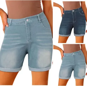 Women's Mid-Rise Denim Shorts,High-Waisted Stretch Fashion Hole Bottom Denim Pants,Comfortable Summer
