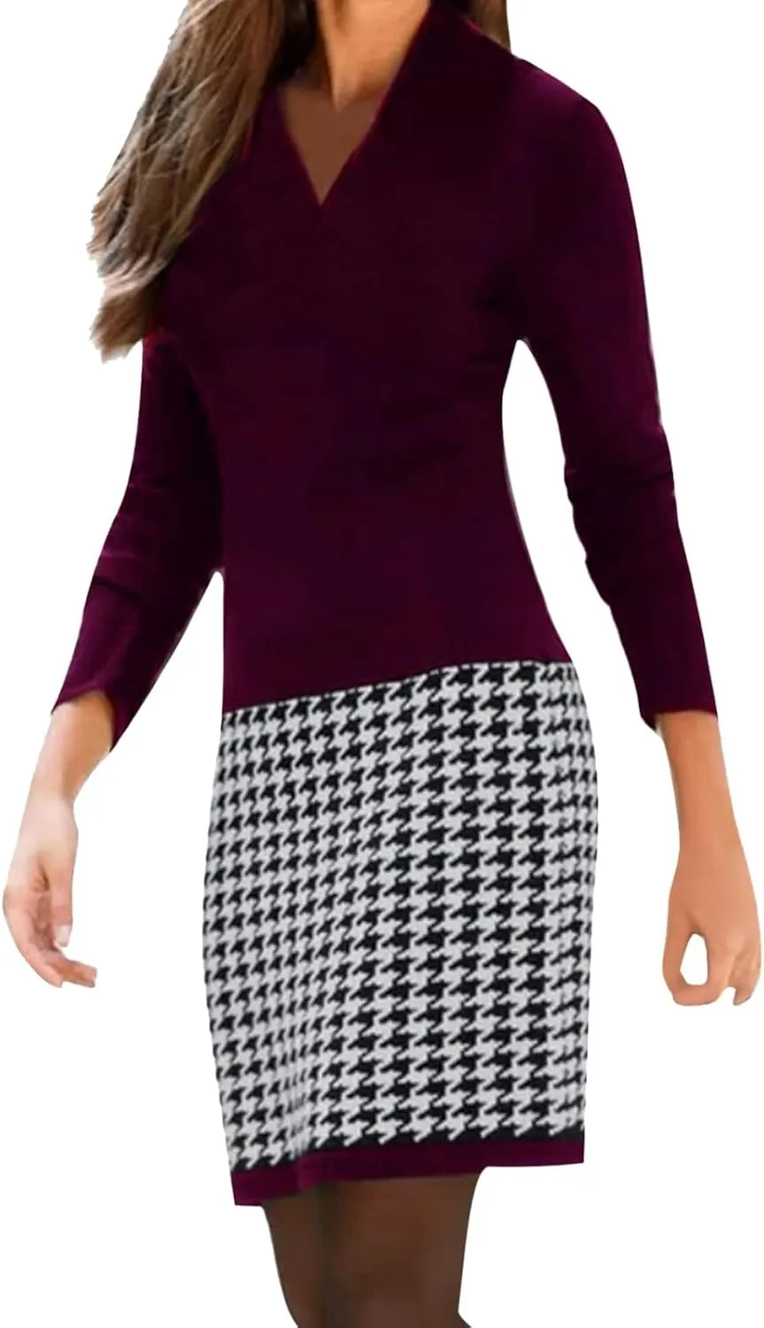 Womens Midi Patchwork Dress Long Sleeve V Neck Plaid Skirt Semi Formal Fit Business Casual Outfits Work Dress Clothes